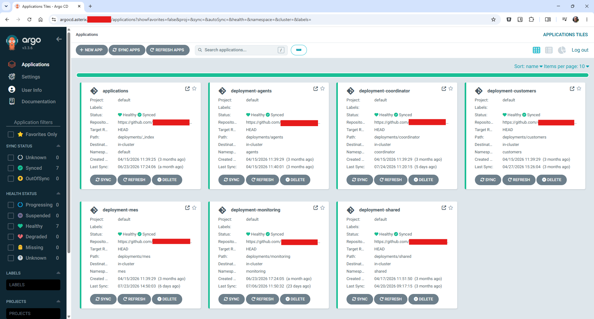 Argo CD dashboard showing healthy and synced applications