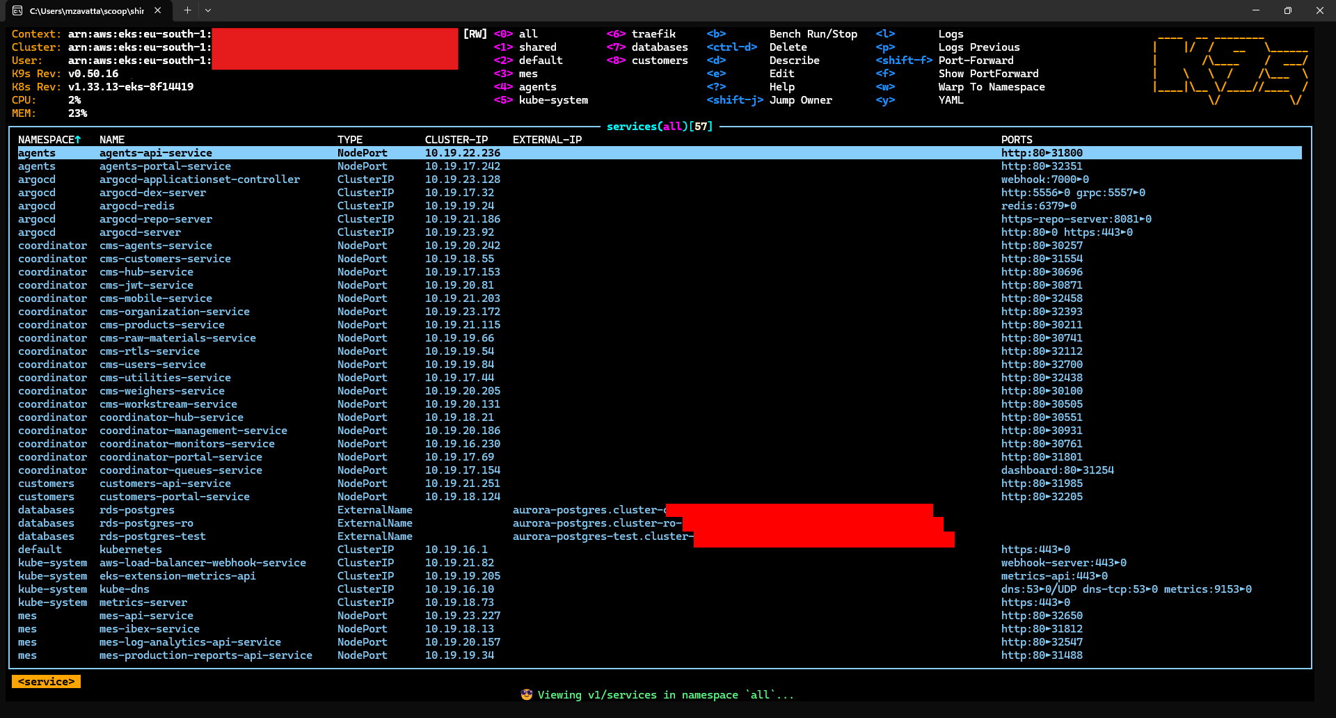 K9s view of services across the cluster namespaces