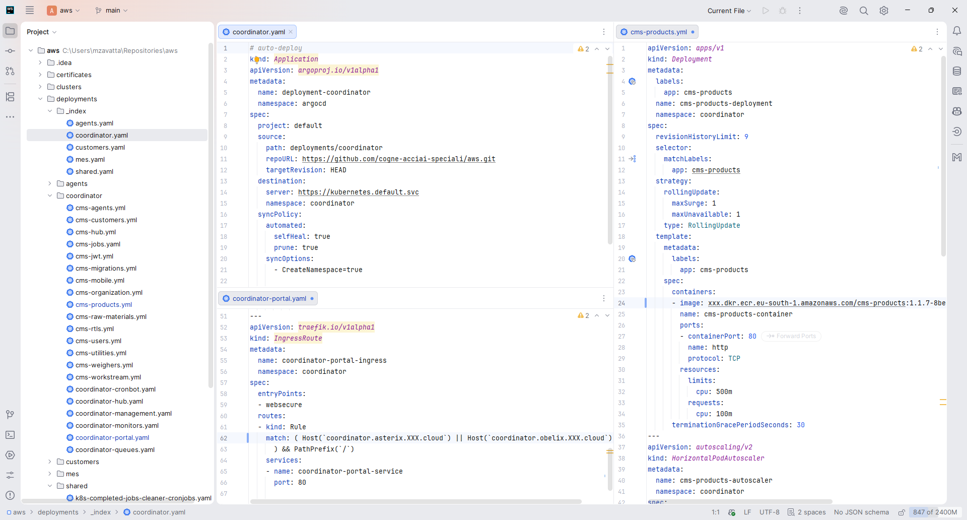 Argo CD application manifest alongside a Kubernetes deployment manifest