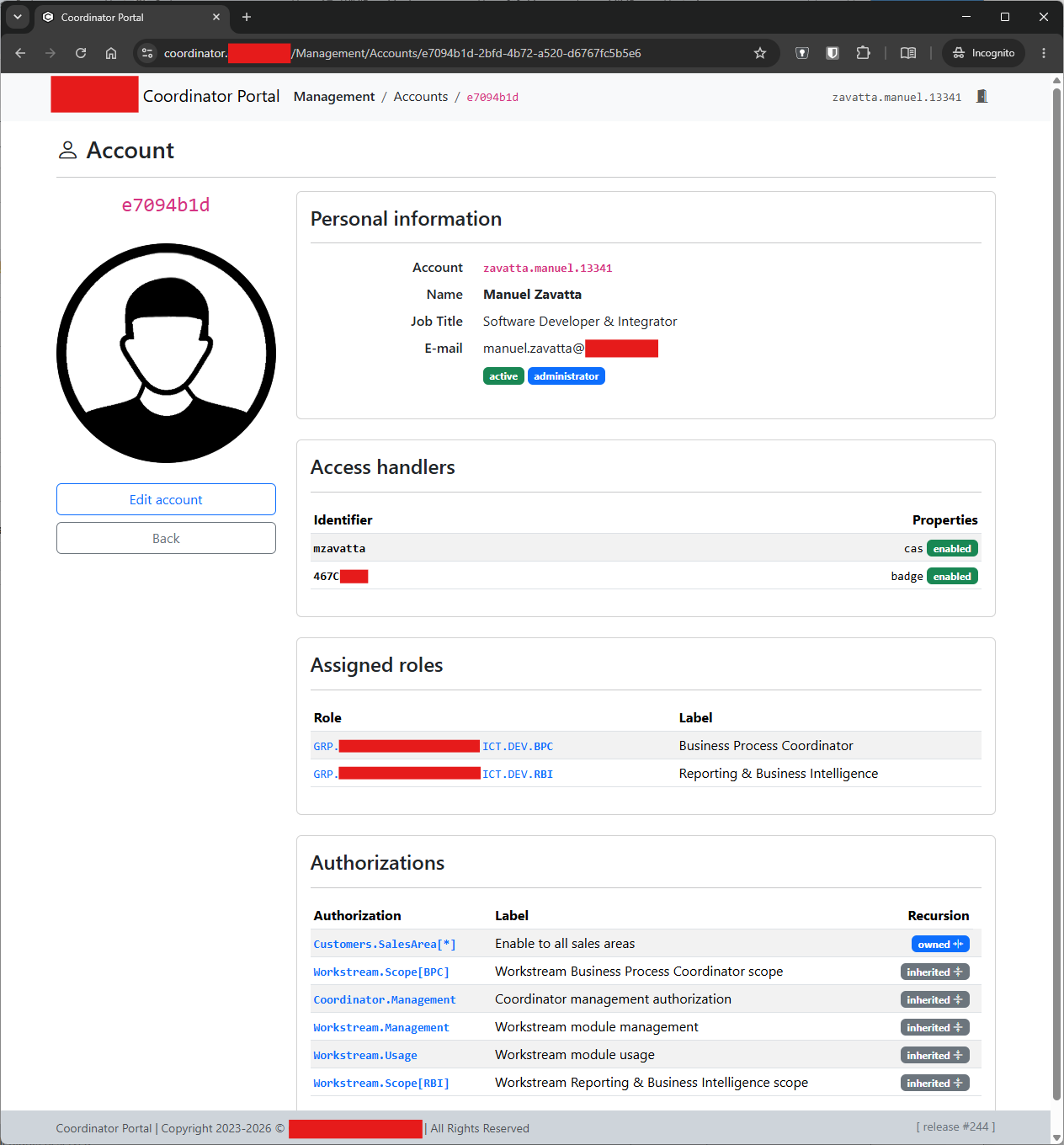 Coordinator account detail view