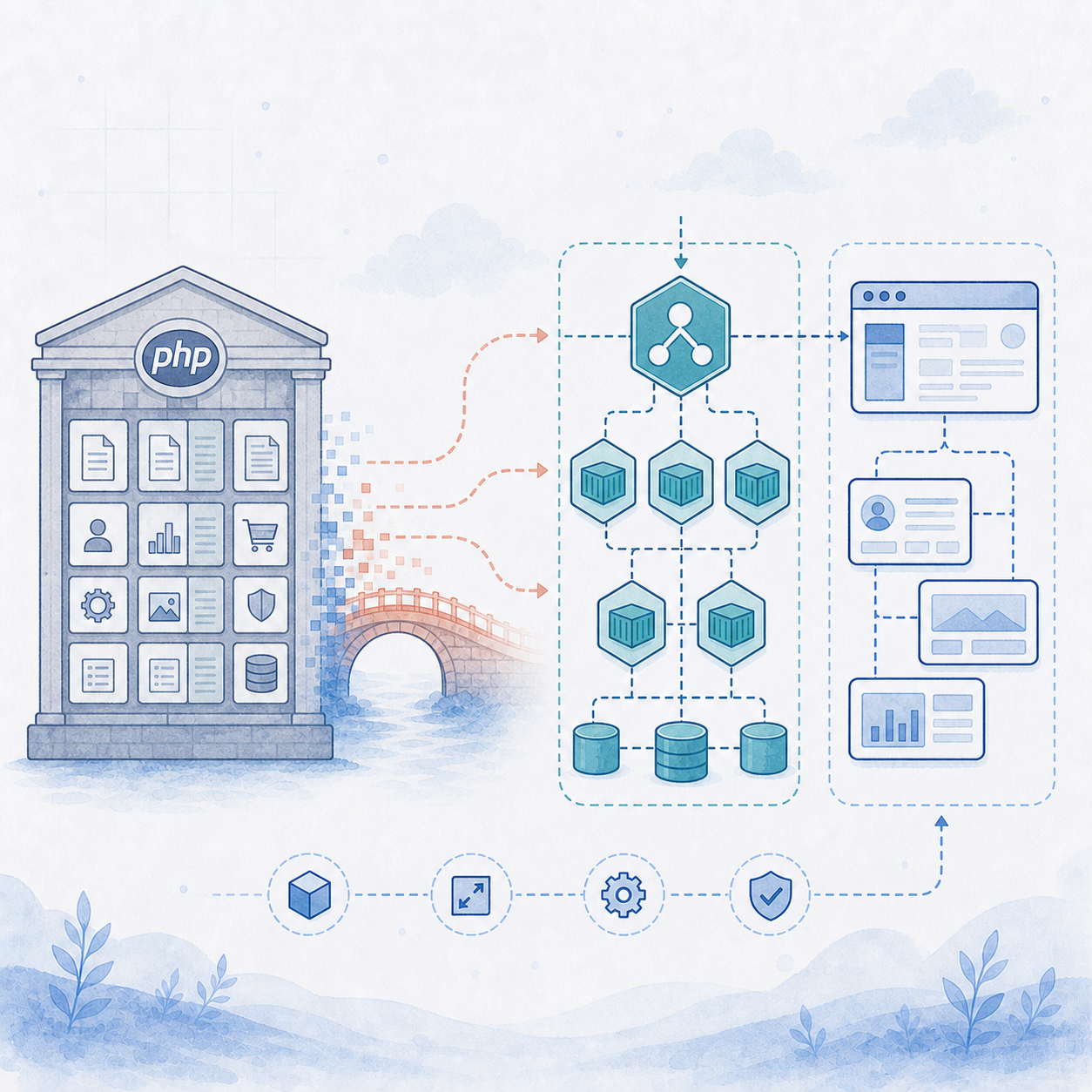 Illustration of a monolith evolving into a cloud platform