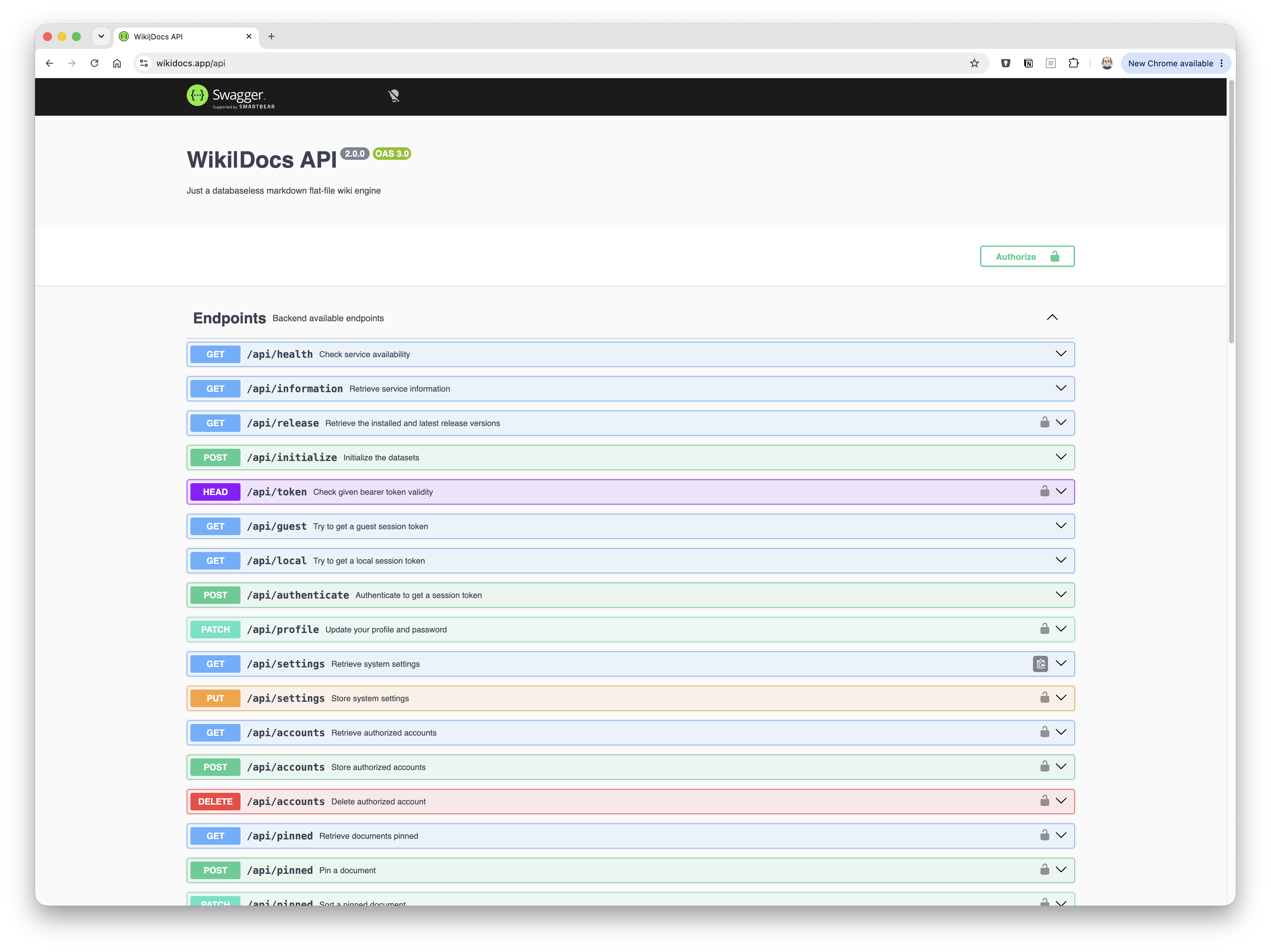 Swagger documentation listing Wiki|Docs API endpoints