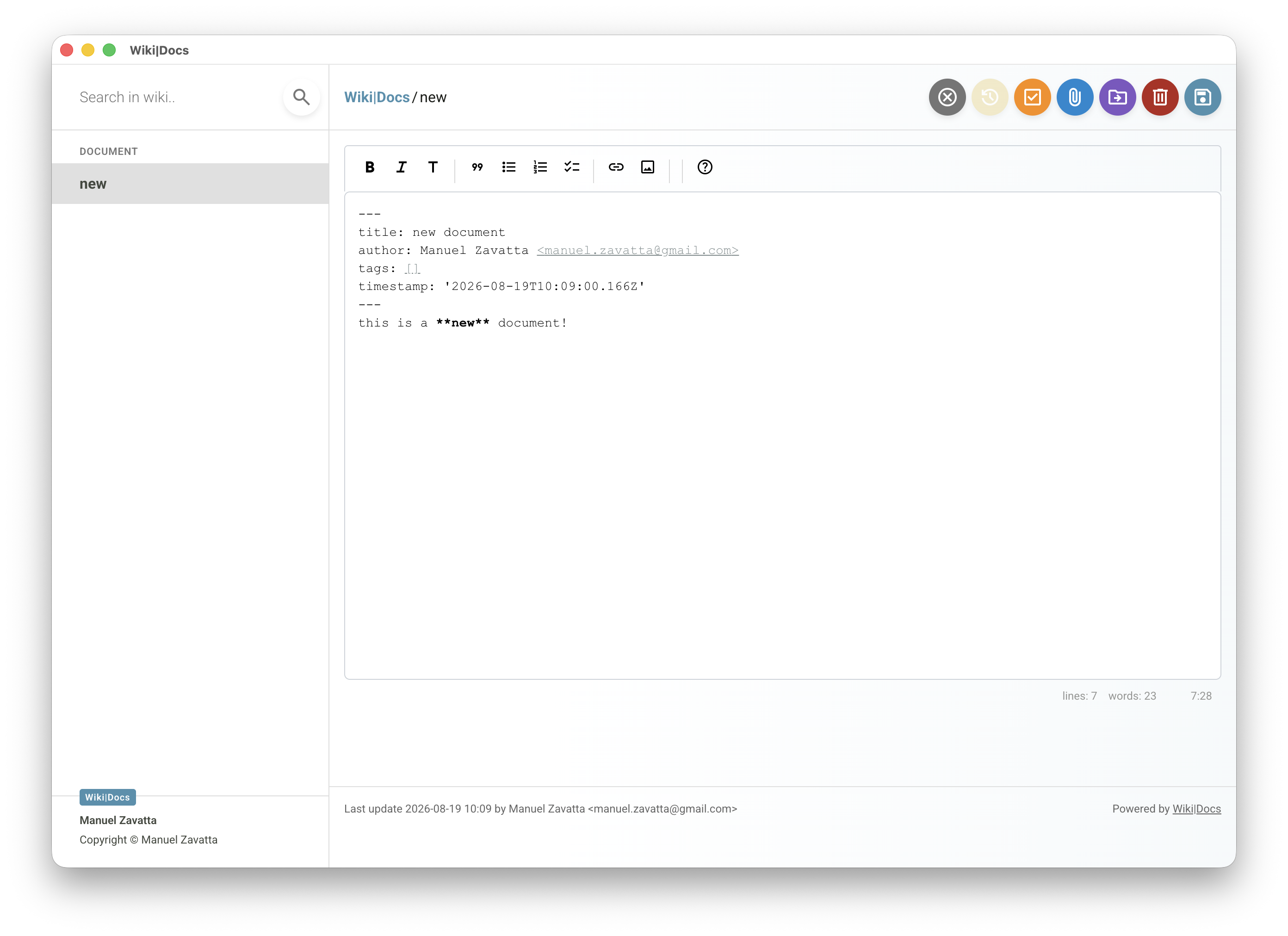 Wiki|Docs desktop application editing a new Markdown document