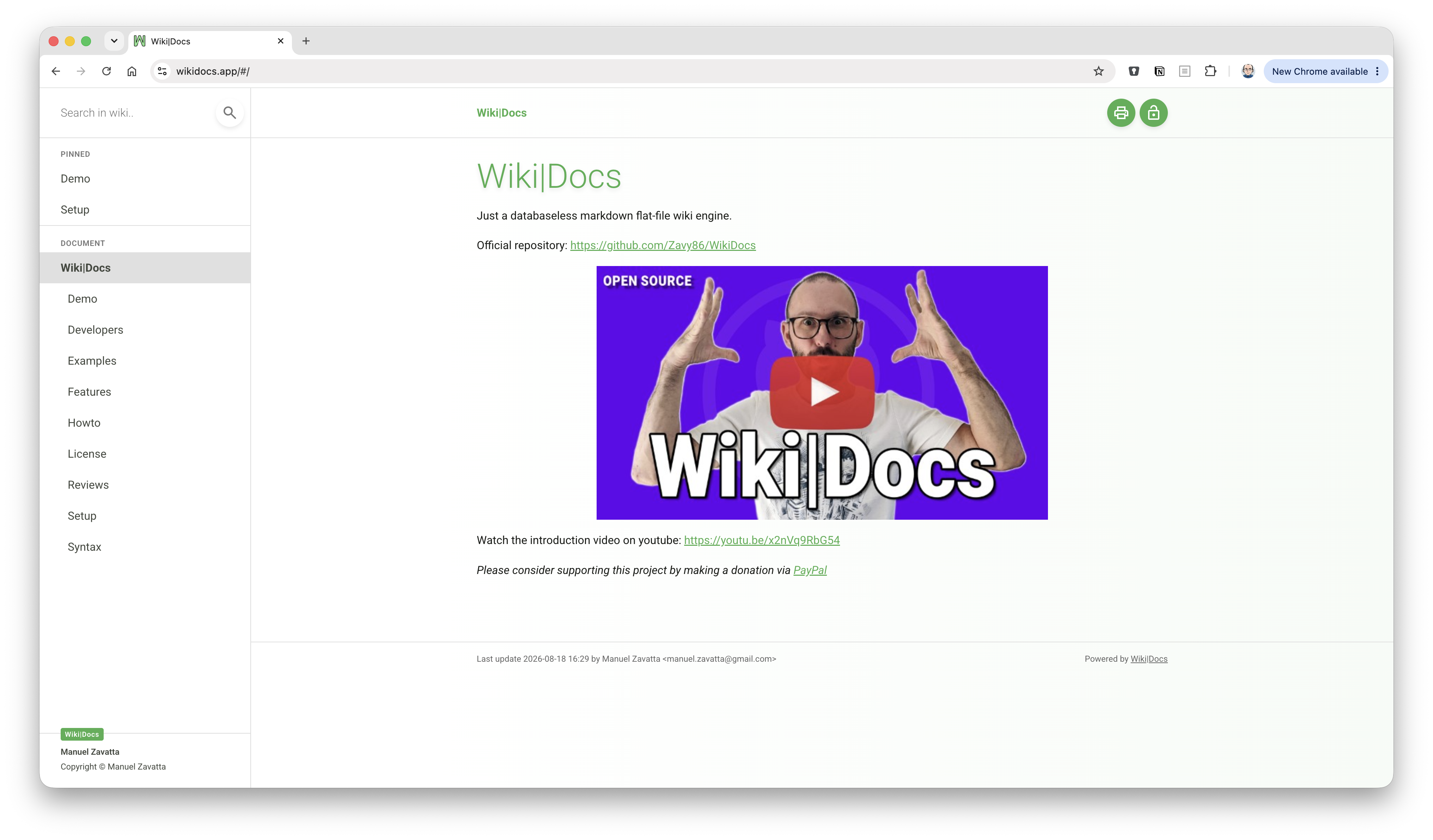 Wiki|Docs web interface showing document navigation and a wiki page